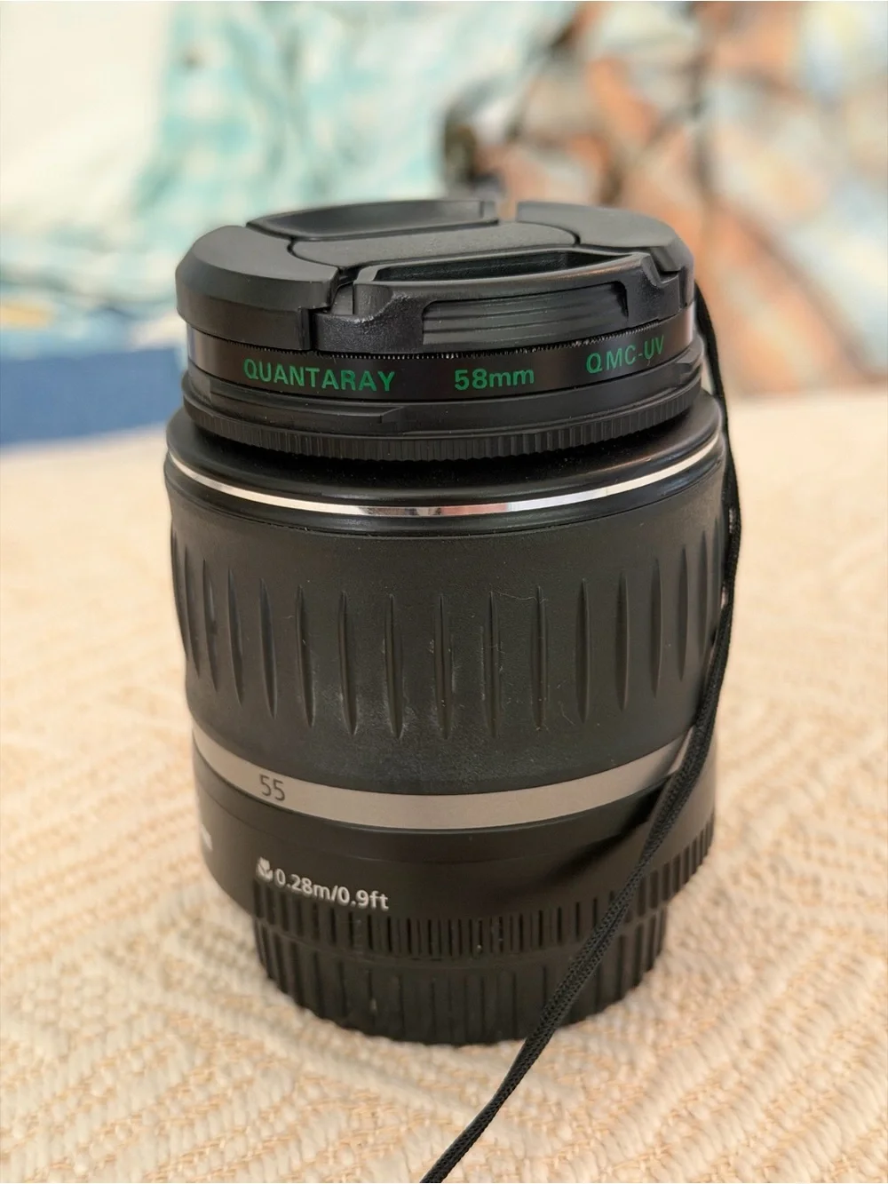 Canon EF-S 18-55mm 0.28m/0.9ft Zoom Lens. Quantaray 58mm. Made in Japan